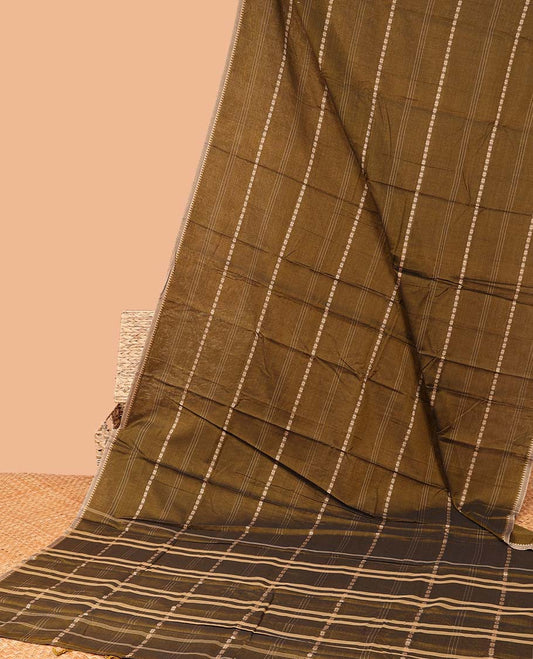 Green  striped Narayanapet cotton saree with self temple border & striped pallu