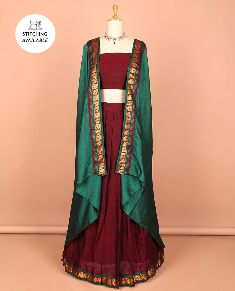 Blue cotton half saree with contrast zari border, plain blouse & plain with peacock zari border dhavani
