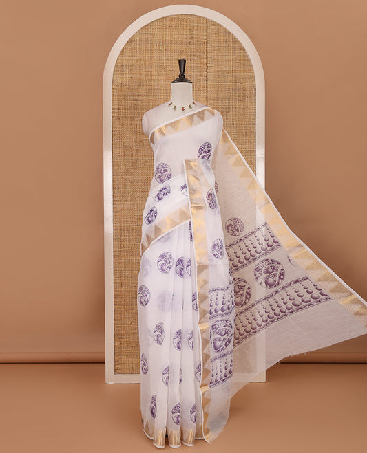 White-violet circular motifs printed mercerised cotton saree, gold zari temple  border, circular motifs printed pallu & matching zari border blouse