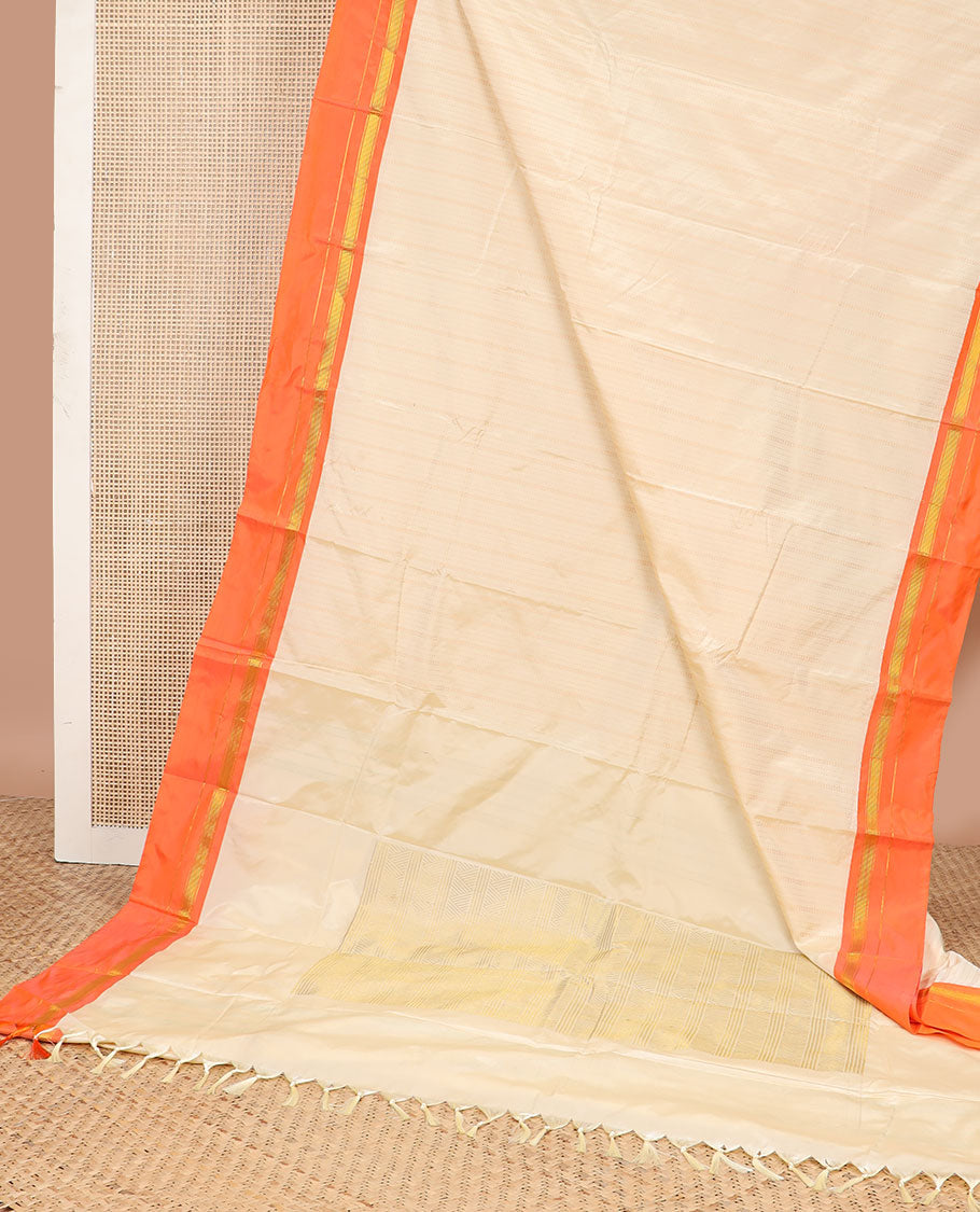 Cream striped gift saree with contrast zari design & geometric design pallu