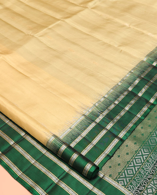 Sandal Kanchipuram Silk Saree, Subtly Sparkled with Buttas, Contrast Varisai Pettu Border of Banaras and Neli Designs, Jaal Pallu, and a Contrast Blouse