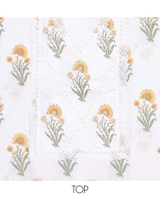 White chudidhar material set checked floral print with lace border , floral print bottom & floral print with lace dupatta