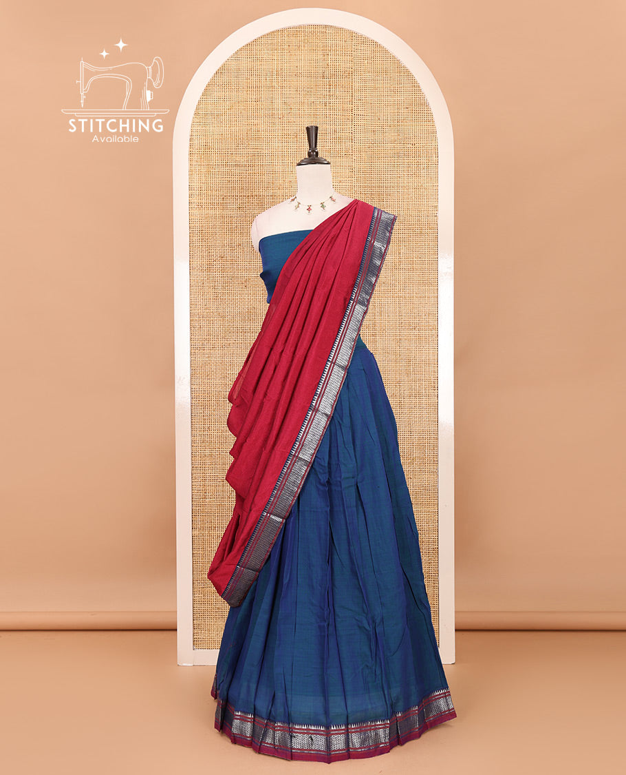 Peacock blue mercerized cotton half-saree, plain & contrast traditional temple border skirt, matching blouse & contrast temple zari border vichitra silk dhavani