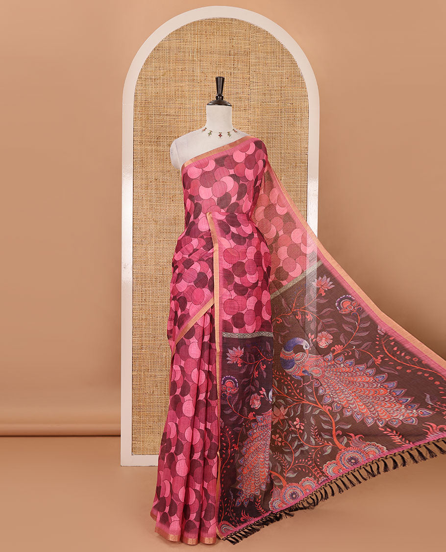 Pink polka dots printed linen cotton saree, piping border, kalamkari floral-peacock printed pallu & small polka dots printed blouse