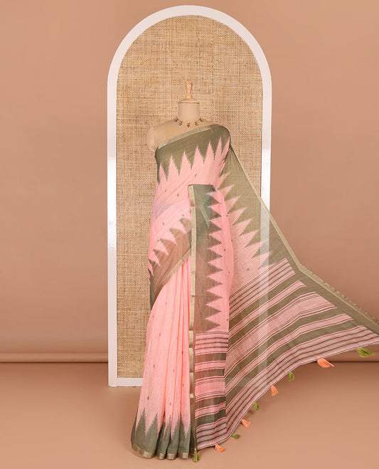 Peach small thread buttas linen cotton saree, contrast temple zari piping border, striped pallu and a contrast blouse