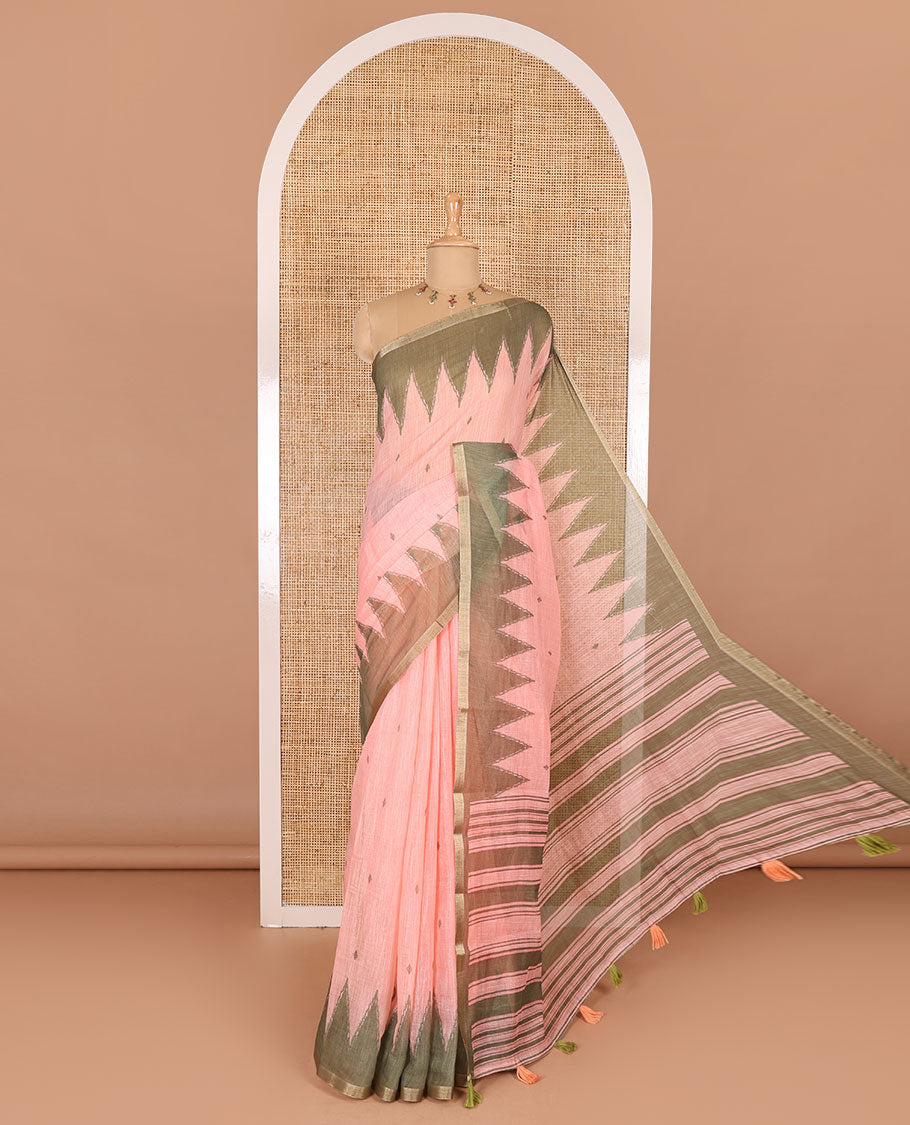 Peach small thread buttas linen cotton saree, contrast temple zari piping border, striped pallu and a contrast blouse