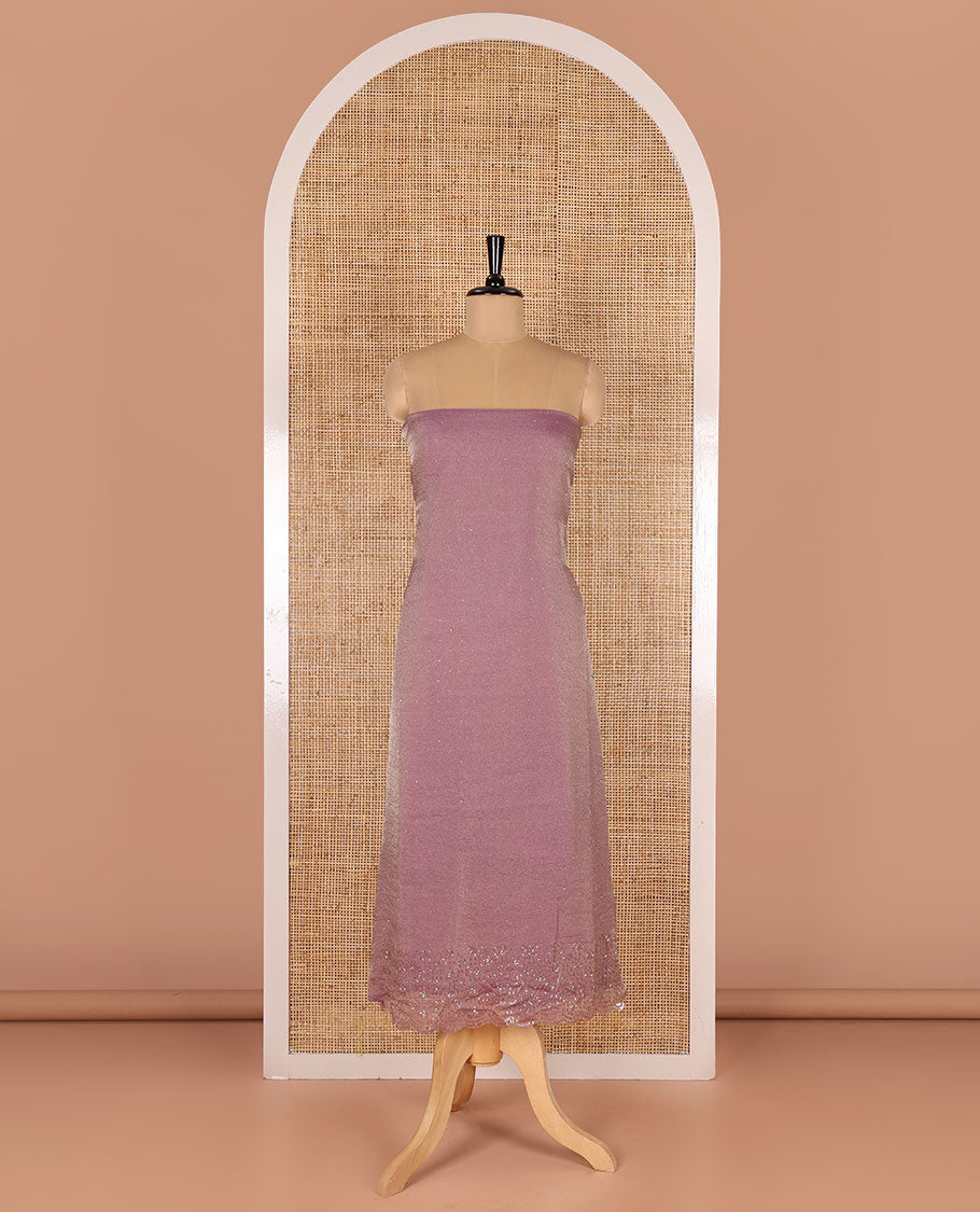 Lavender material chudidar set, stone work moss organza top, a matching bottom, and scallop stone work moss organza dupatta