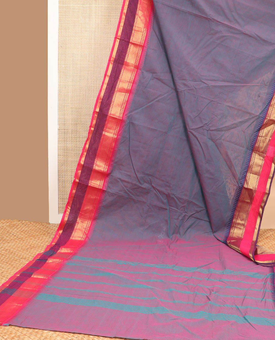 Purple nine yards cotton saree with contrast temple border & striped pallu