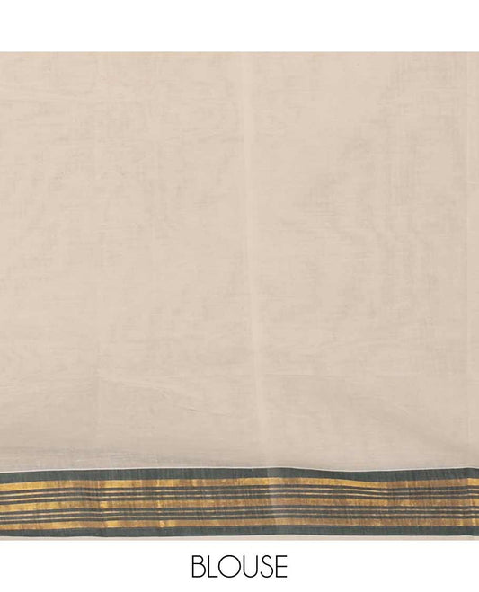 Cream plain & floral screen-printed Kerala saree, contrast seer zari border & pallu of floral-screen print & zari stripes
