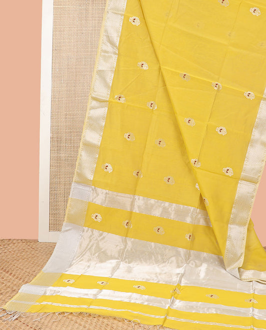 Yellow motifs maheswari cotton saree with self zari design border & striped, floral zari design pallu