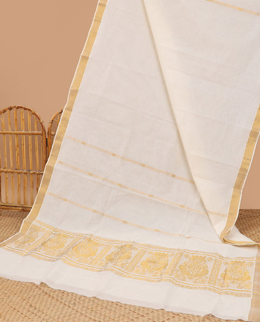 Cream kerala saree with zari stripes, zari border & pallu of peacock designs in zari
