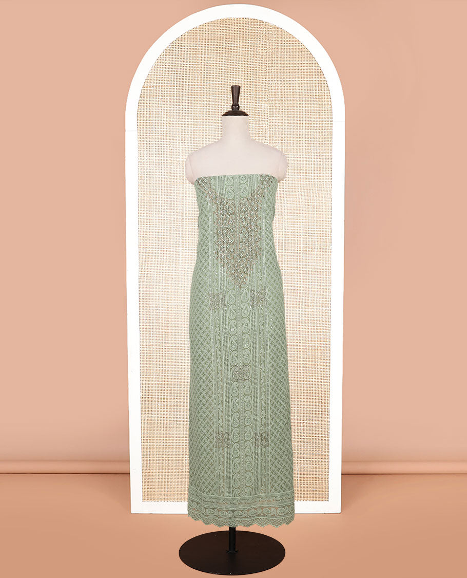 Pista green shifli sequins work, swarovski stone, moti work georgette chudidhar material top with american crepe pant & chinnon material digital print , mirror work dupatta