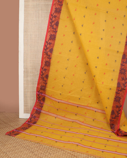 Yellow motifs bengal cotton saree with contrast floral design border & striped, floral motifs pallu