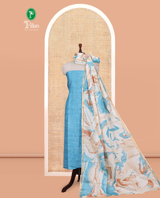 Rama Blue Semi-Bhagalpur Cotton Material Churidar Features Plain Top, a Santoon Bottom, and Contrast Abstract Printed Dupatta