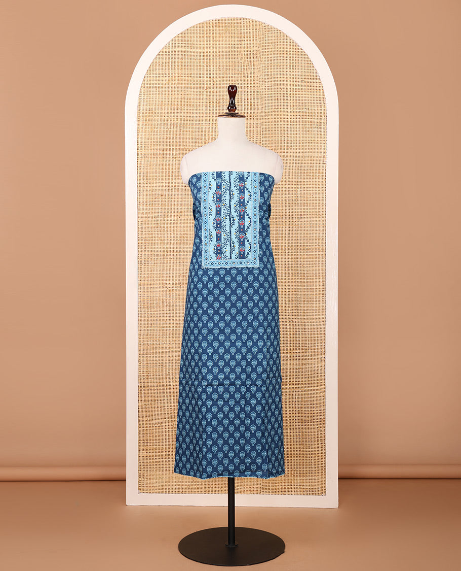 Indigo blue chudidar material set,flower buttas,floral patch work & French knot soft cotton top, floral printed bottom & mul-mul cotton dupatta