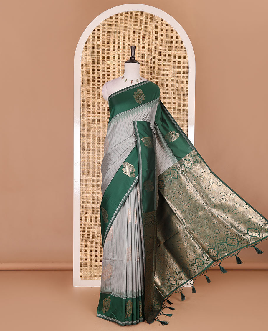 Grey striped and zari buttas Mulberry silk saree, contrast temple zari buttas border, intricate pallu, and contrast zari design blouse