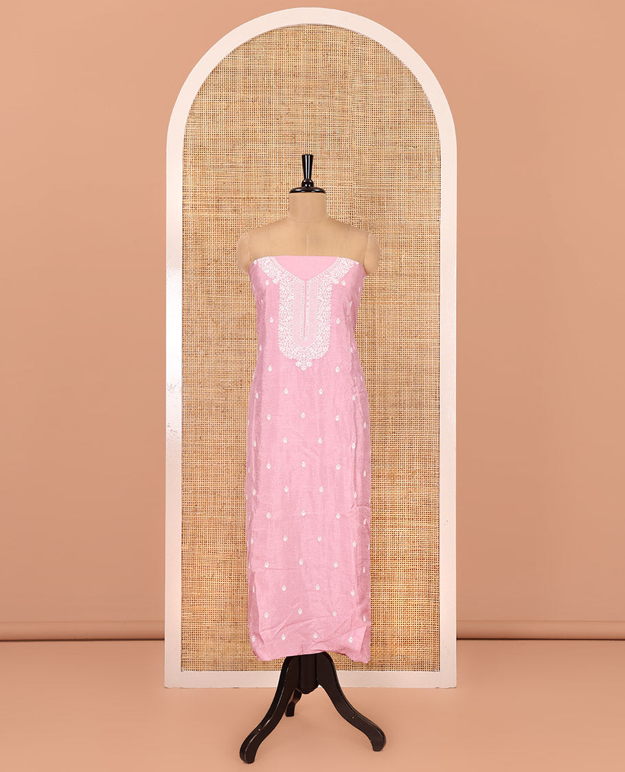 Pink Material Chudidar Set, Delicately Woven with Thread Embroidered Motifs Woven on Mul Chanderi Top, a Mul Chanderi Bottom, Paired with Thread-Embroidered Mul Chanderi Scallop-Bordered Dupatta
