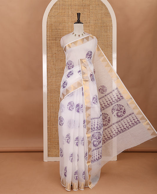 White-violet circular motifs printed mercerised cotton saree, gold zari temple  border, circular motifs printed pallu & matching zari border blouse