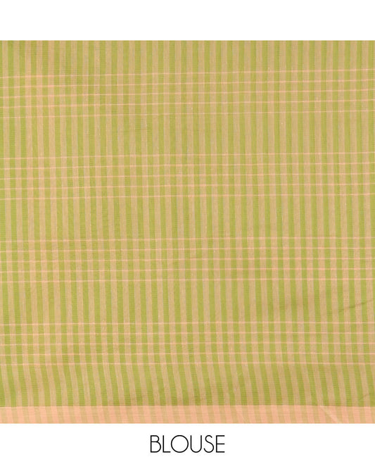 Green checked design khadi cotton saree with contrast striped border & checked design pallu