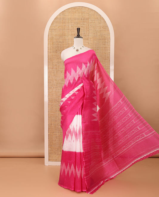 Borderless white 3-layer ikkat chevron printed litchi crushed saree, ikkat printed pallu & small butta printed pink blouse
