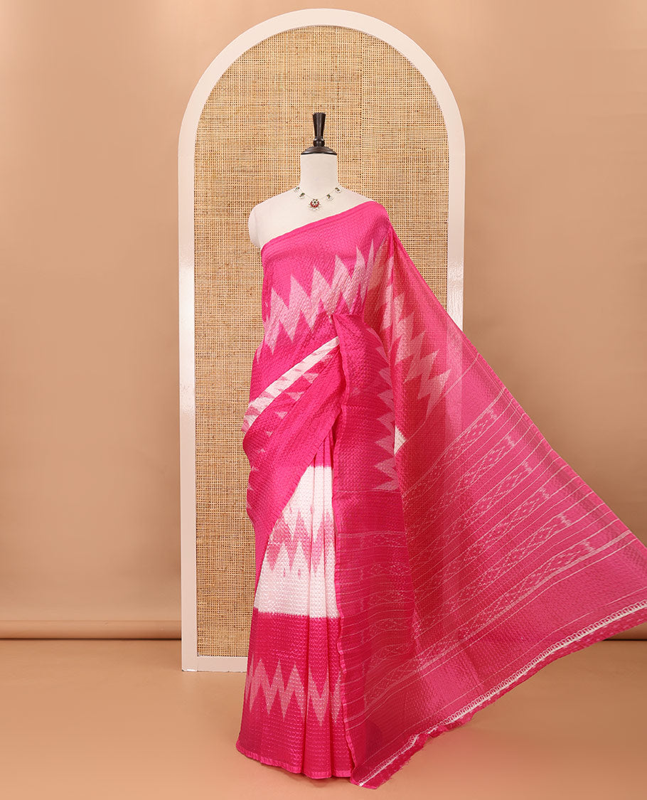 Borderless white 3-layer ikkat chevron printed litchi crushed saree, ikkat printed pallu & small butta printed pink blouse