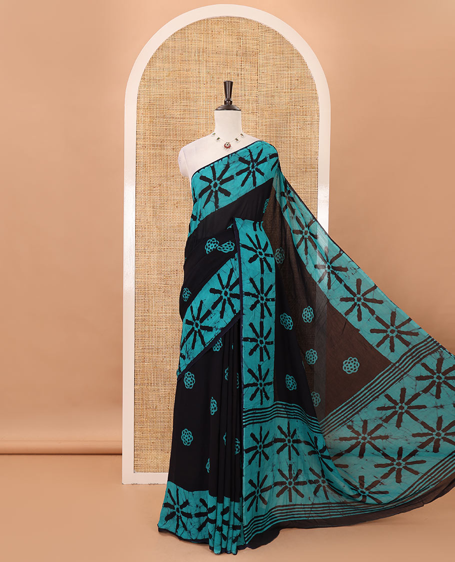 Blue handblock wax batik printed georgette saree, star-like motifs handblock wax batik printed border & pallu & matching printed blouse