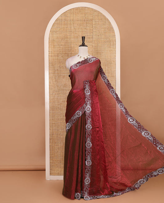 Maroon full-plain fendy chiffon saree, scallop swarovski stone work geometric border and contrast plain blouse