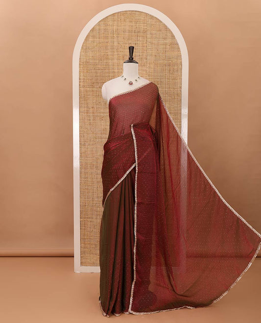 Purple Swarovski stone work embedded fendy-chiffon saree, scallop lace border & floral mixed embroidered blouse