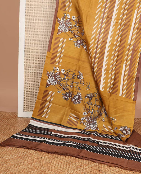 Mustard floral, geometric design printed silk saree with contrast border