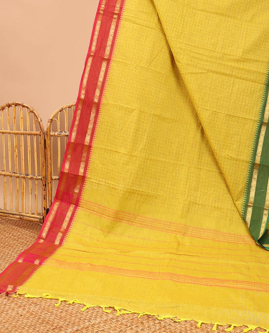 Yellow checked Chettinad cotton saree with contrast ganga jamuna border & striped pallu