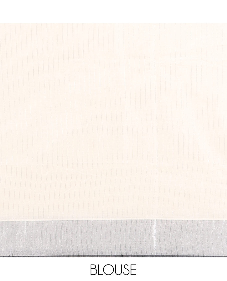 Half-White Kerala Cotton Saree, Artfully Detailed with Kalamkari-Style Elephant Motifs on Its Body, Highlighted by Zari Border, Pallu Pictures the Same Print, and Paired with a Matching Blouse