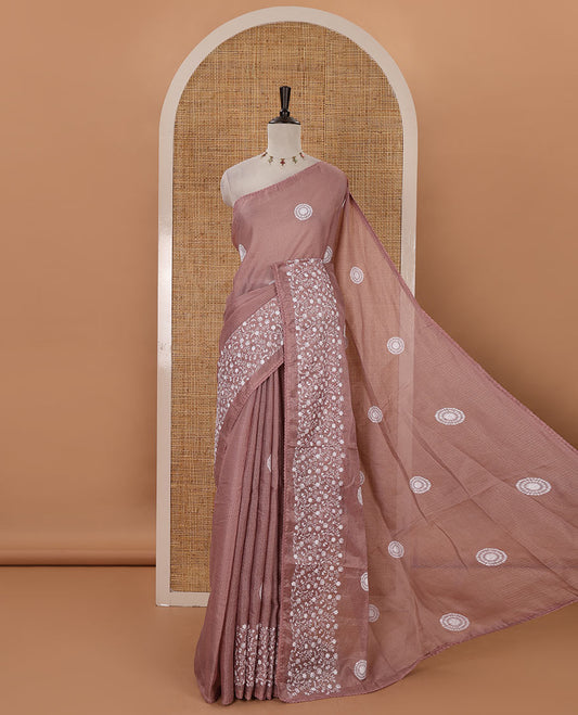Onion pink plain & chikankari embroidered kota check saree, lace border, embroidered self-pallu & plain blouse