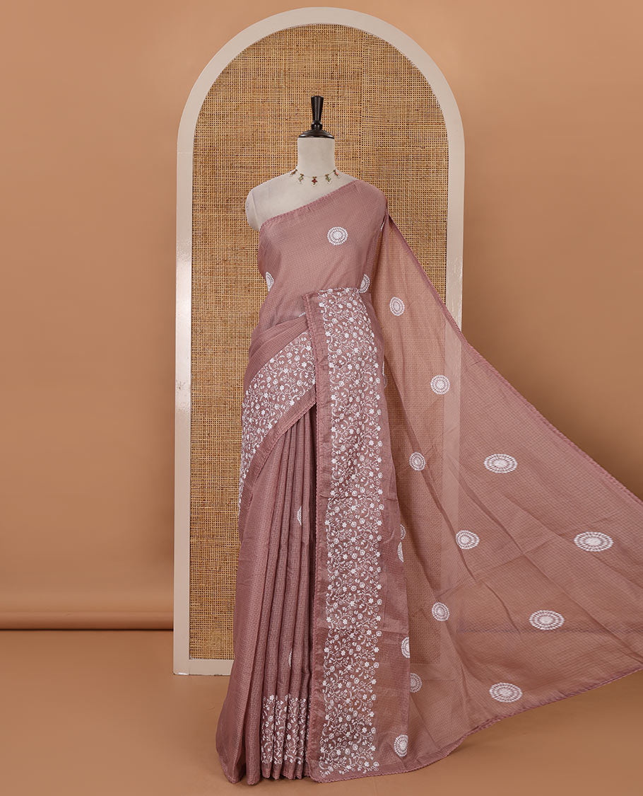 Onion pink plain & chikankari embroidered kota check saree, lace border, embroidered self-pallu & plain blouse