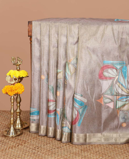 Mustard gold geometric print crush tissue saree with zari border & tissue pallu along with plain blouse