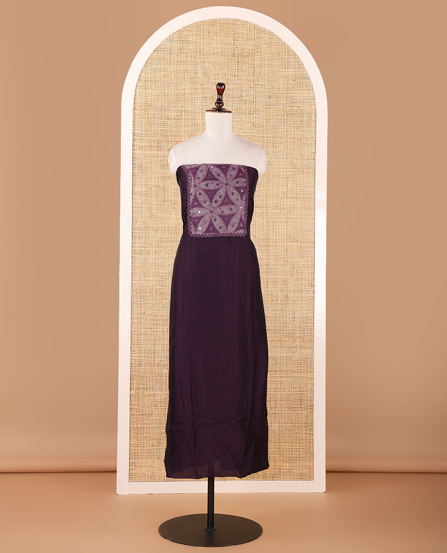 Purple material chudidar, brasso floral print & mirrorwork vichitra silk top, santoon bottom & shimmer georgette dupatta of floral print & mirrorwork