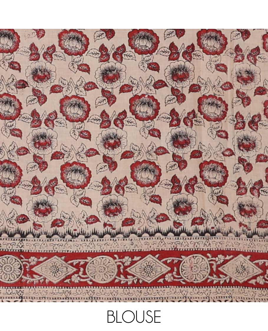 Blue floral motifs machine printed kalamkari cotton saree with contrast border & human inspried design pallu