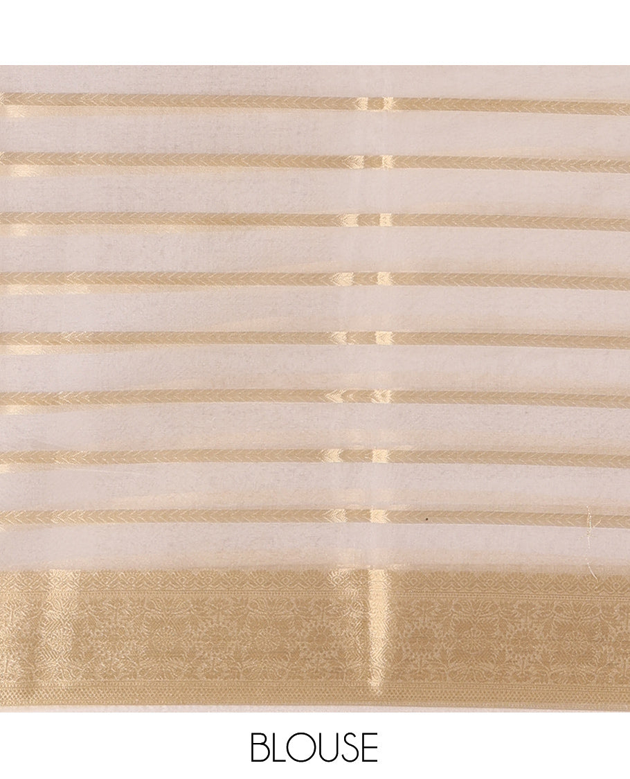 Cream Semi-Organza Saree, Boldly Accentuated with Zari Stripes, Highlighted by a Zari Traditional Border, and a Matching Blouse