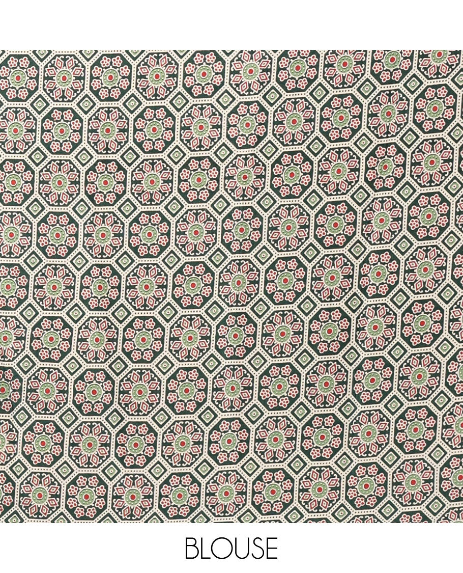 Bottle green plain modal satin saree, double-sided border & pallu intricately printed ajrakh-style design, ajrakh printed blouse