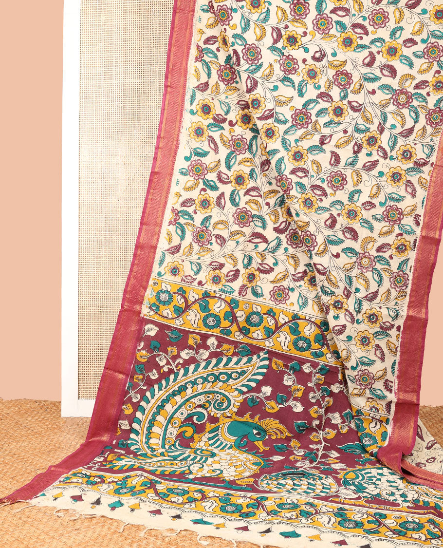 Off-White floral design machine-printed kalamkari cotton saree with contrast zari design border & animal motifs pallu