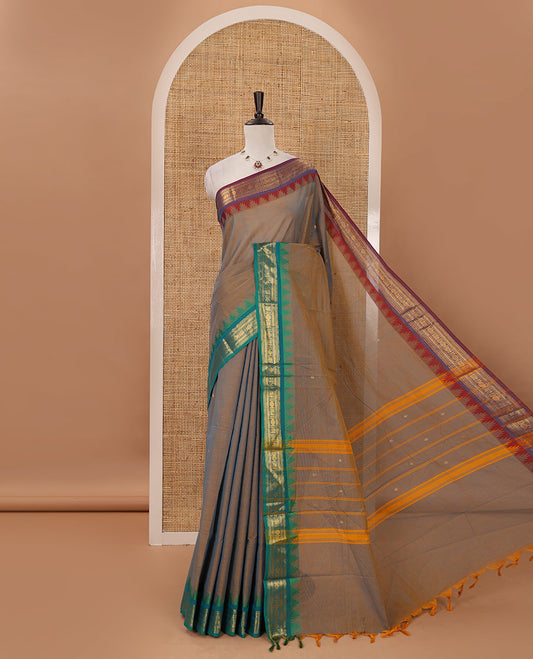 Chikku zari buttas Chettinad cotton saree, contrast Ganga Jamuna temple traditional zari border, striped pallu & matching blouse