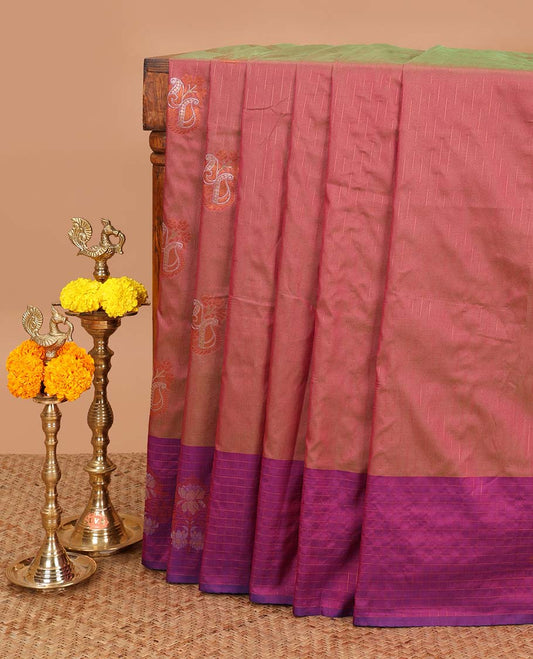 Onion pink zari mango butta design soft silk saree with lotus flower design border & rich weaving pallu along with butta design blouse