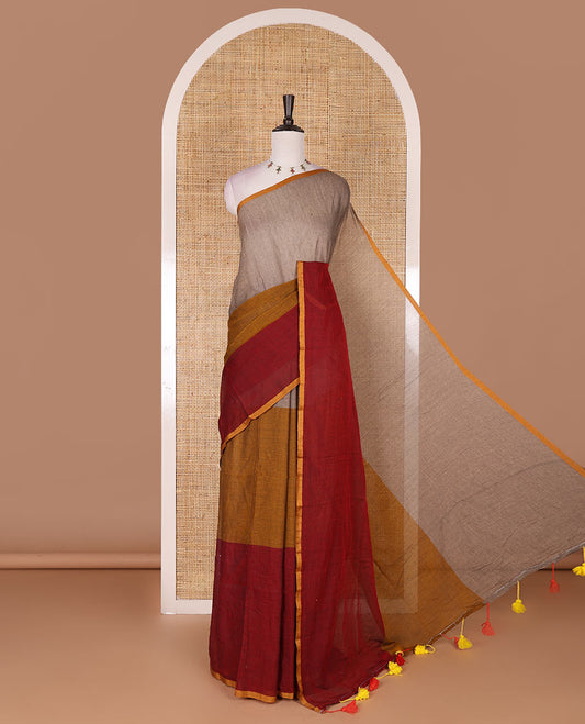 Borderless Maroon ombre style tri-colored plain Khadi mul cotton saree with full plain blouse