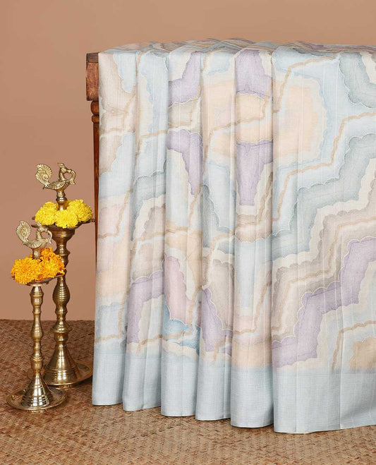Light blue rangkat digital print design tussar silk saree with resam border & resam pallu along with plain blouse
