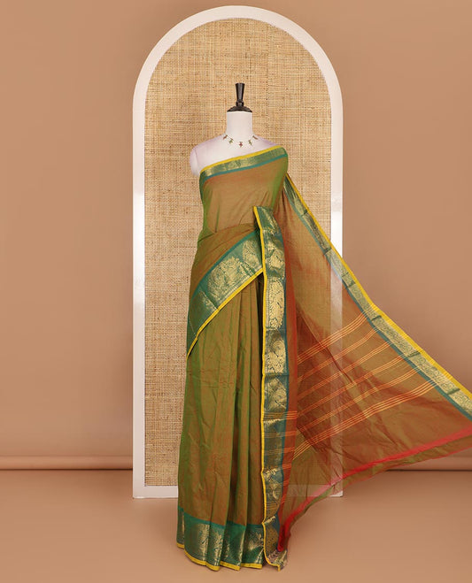 Green plain Chettinad cotton saree, contrast  annam and rudraksham motifs zari border, striped pallu, and plain blouse