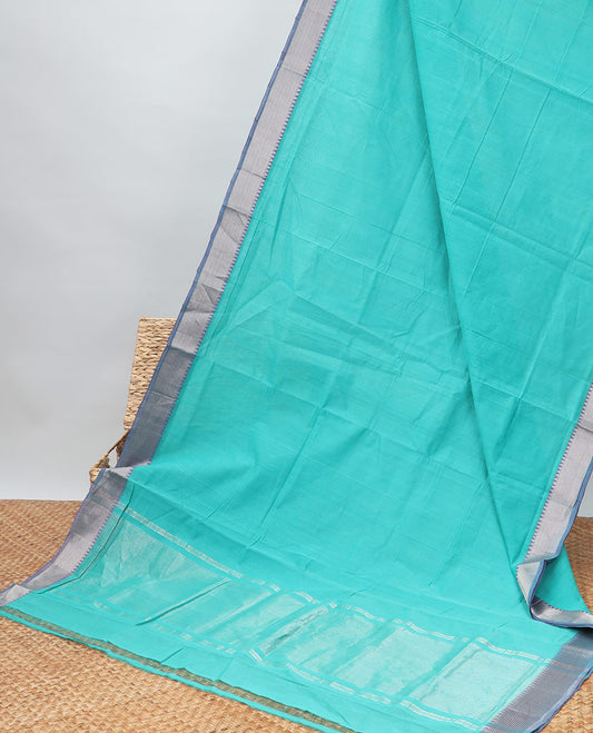Turquoise striped mangalagiri cotton saree contrast temple border & striped pallu