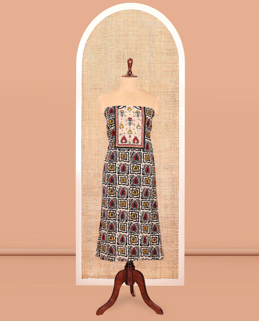 Black-Red Mul Cotton Material Chudidar, Batik Printed Top, a Contrast Bottom, and Batik Print Dupatta