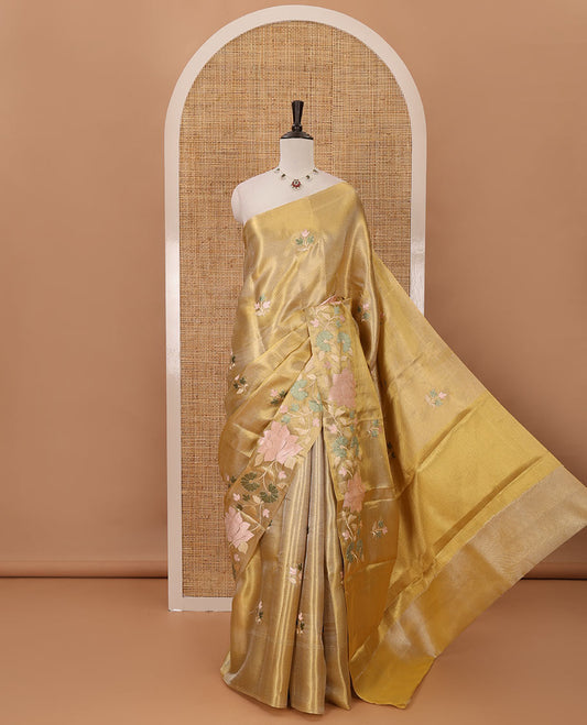 Golden floral thread embroidery celebrity tissue saree, floral vine multi-color thread embroidered border & embroidery pallu