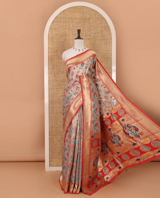 Grey floral & paisley vine tissue silk saree, contrast temple border, paithani-style peacock & muniya pallu & contrast zari buttas blouse