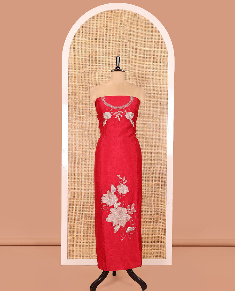 Magenta Material Chudidhar Set, Enlivened with an Floral Motifs Embroidered on its Vichitra Silk Top, Plain Santoon Bottom, and Vichitra Silk Dupatta of Leaf Motifs Embroidery