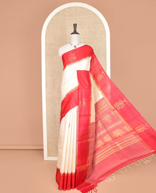 Cream Dupion Silk Saree, Subtly Woven with Buttas on Its Body, Complemented by a Contrast Border of Tree Motifs in Zari, Sparsely Woven Pallu, and Paired with a Contrast Blouse